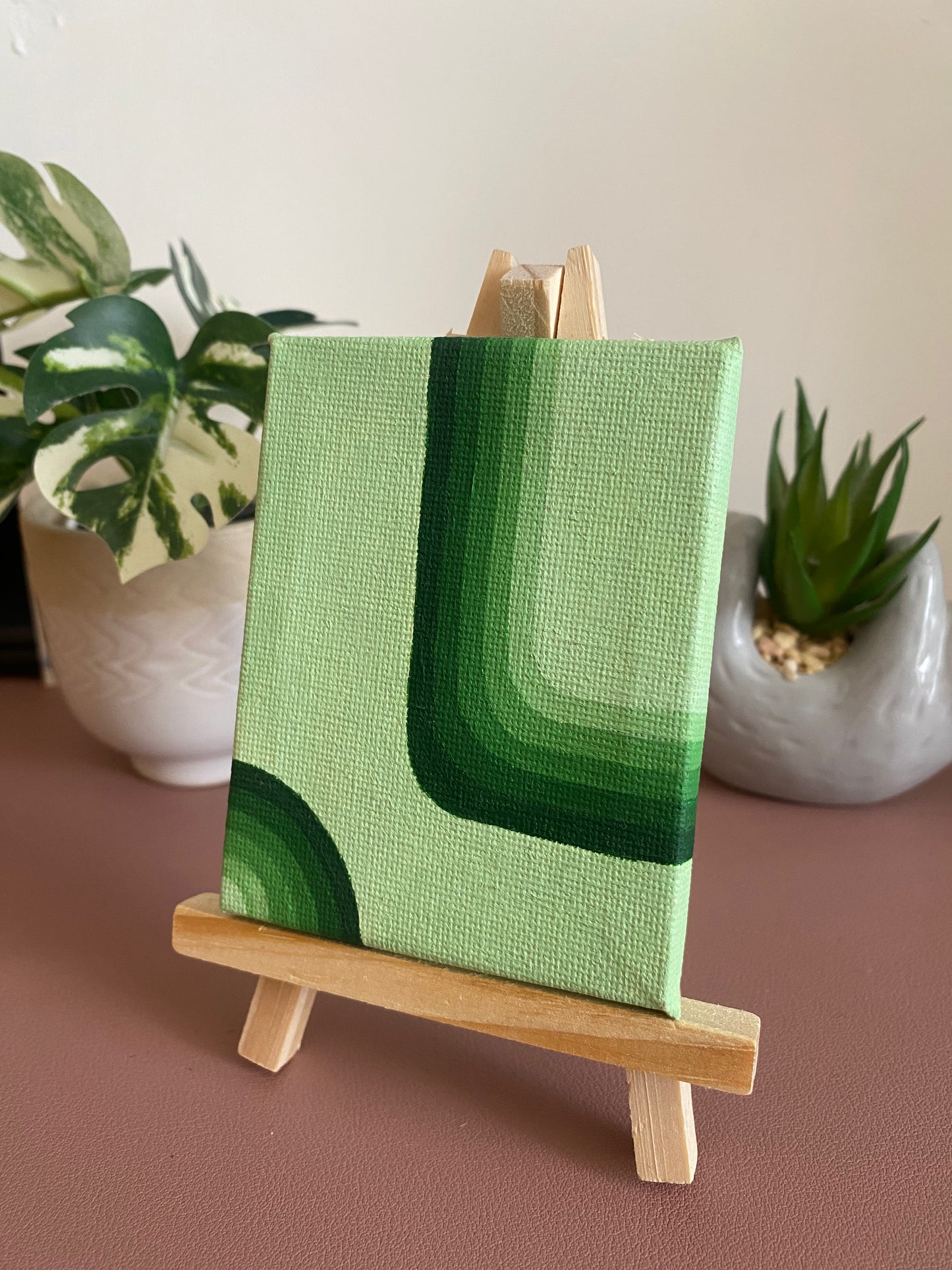 Retro Flow – Hand-Painted Mini Canvas with Easel | Abstract Geometric Retro Desk Art